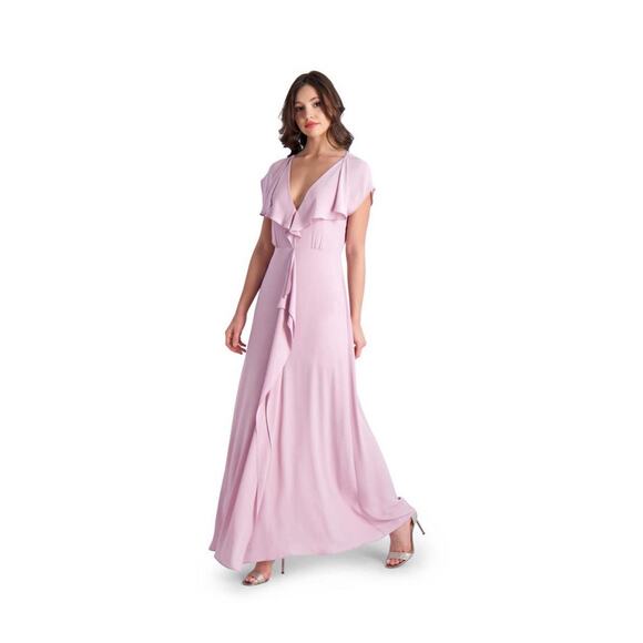 BCBG MAXAZRIA Sz 0 Pink Ruffle Cascade V-Neck Front Slit Gown $298 Bride’s Maid - Picture 3 of 16